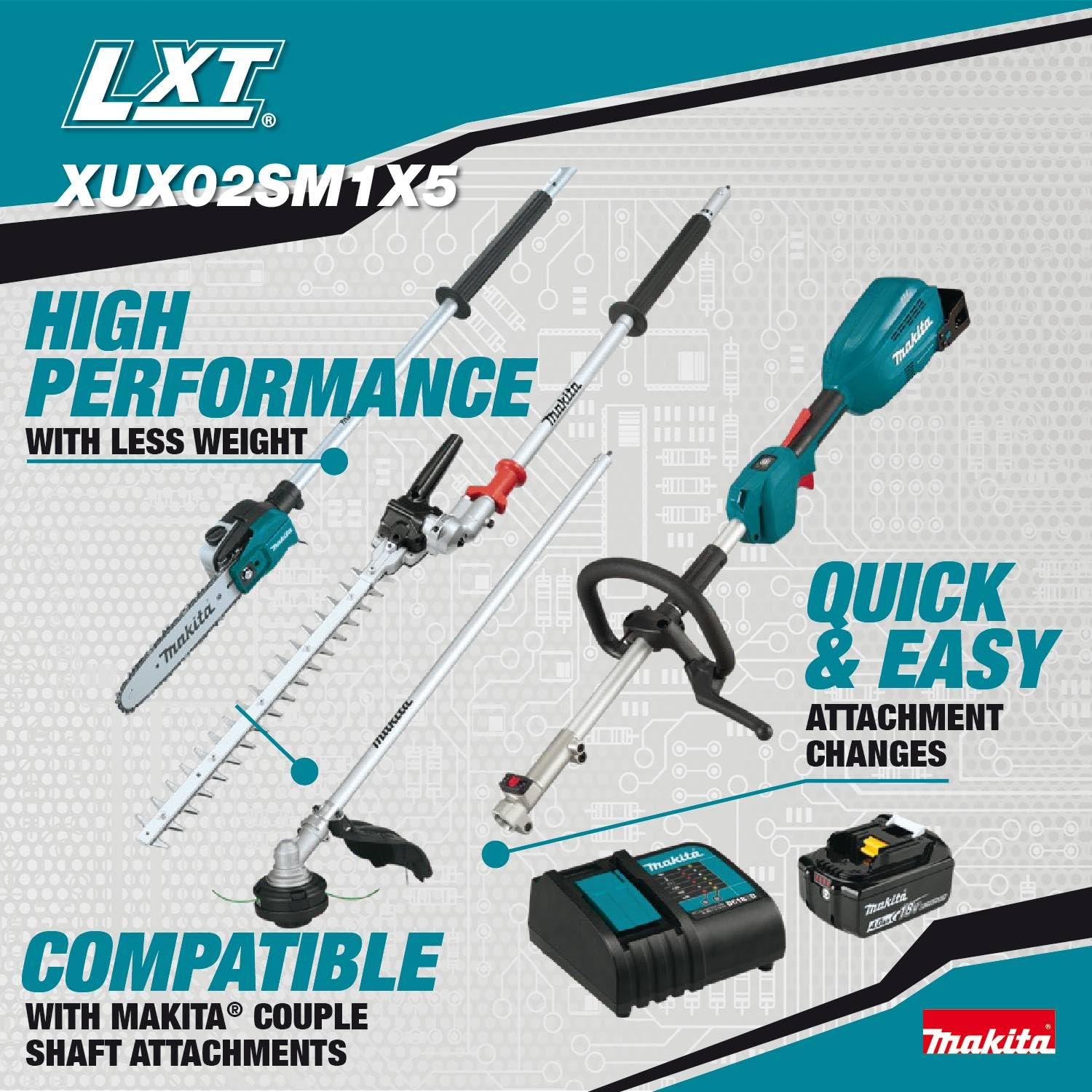 Makita XUX02SM1X5 18V LXT® Brushless Couple Shaft Power Head Kit w/String Trimmer, Pole Saw & Articulating Hedge Trimmer Attachments (4.0Ah) - Image 7