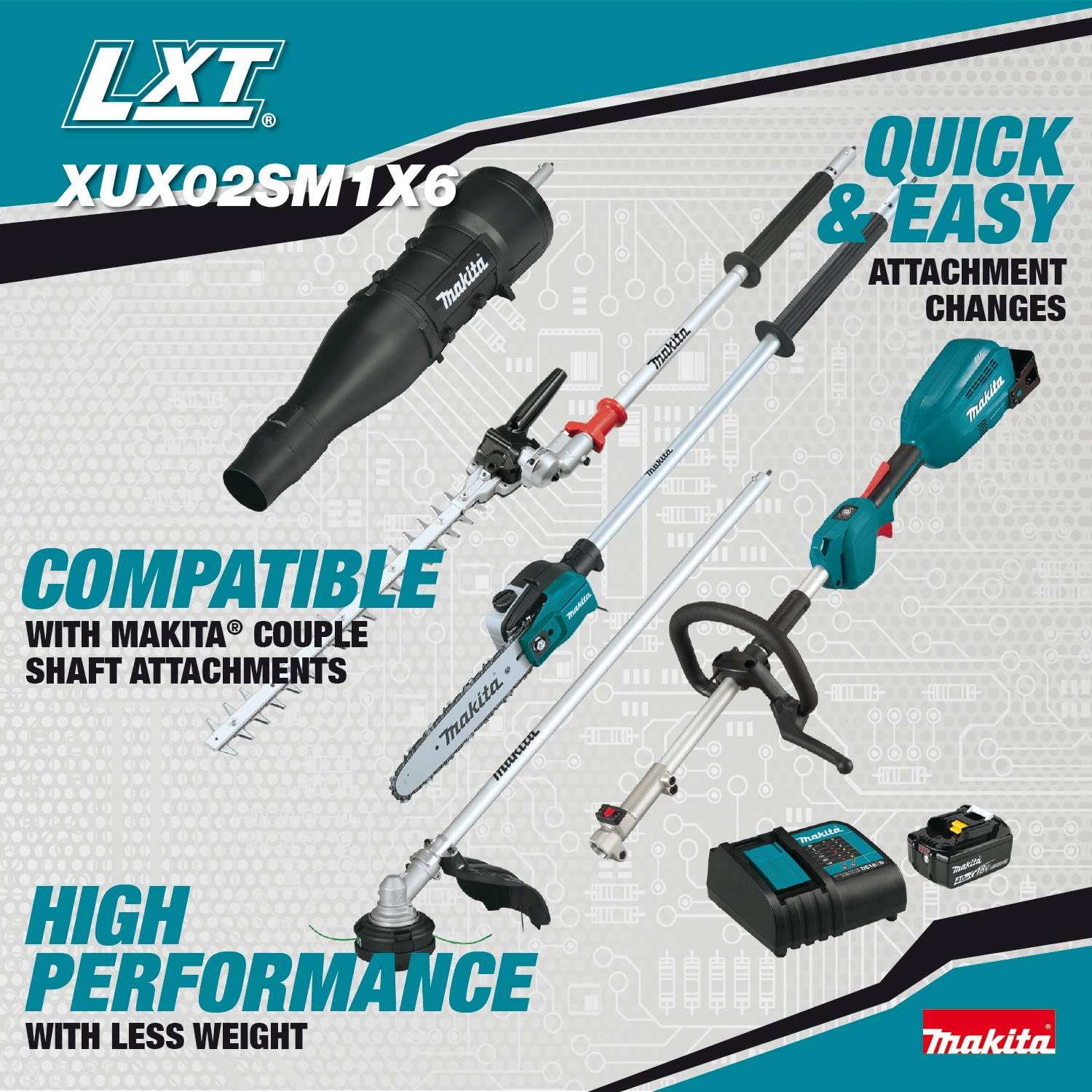Makita XUX02SM1X6 18V LXT® Brushless Couple Shaft Power Head Kit w/String Trimmer, Pole Saw, Art. Hedge Trimmer & Blower Attachments (4.0Ah) - Image 8